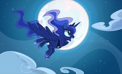 Size: 5000x3021 | Tagged: safe, artist:wicklesmack, princess luna, g4, female, flying, high res, moon, solo