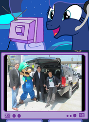 Size: 563x769 | Tagged: safe, princess luna, human, gamer luna, g4, e3, exploitable meme, irl, irl human, luigi, male, nintendo, photo, reggie fils-aime, satoru iwata, shigeru miyamoto, super mario, tv meme