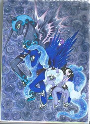 Size: 1700x2338 | Tagged: safe, artist:darknessa-desu, nightmare moon, princess luna, g4, duality, filly, traditional art, woona