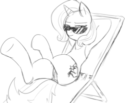 Size: 1280x1052 | Tagged: artist needed, safe, trixie, pony, unicorn, g4, clothes, female, mare, one-piece swimsuit, solo, sun bathing, sunglasses, swimsuit