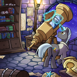 Size: 1000x1000 | Tagged: safe, artist:madmax, oc, oc only, oc:scope, pony, unicorn, butt, interior, magic, male, night, plot, science, solo, stallion, telescope