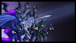 Size: 1920x1080 | Tagged: dead source, safe, artist:zedrin, princess luna, oc, alicorn, bat pony, bat pony unicorn, pony, unicorn, wingless bat pony, g4, armor, night guard, sword