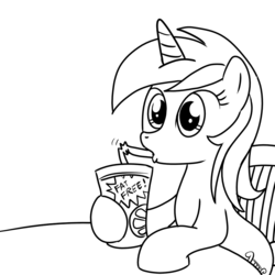 Size: 1000x1000 | Tagged: safe, artist:madmax, lyra heartstrings, pony, unicorn, g4, black and white, drink, drinking, female, grayscale, hoof hold, human behavior, monochrome, simple background, sitting, smoothie, solo, white background