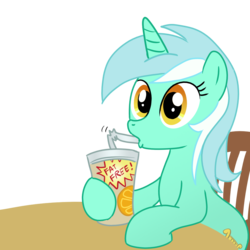 Size: 1000x1000 | Tagged: safe, artist:madmax, lyra heartstrings, pony, unicorn, g4, chair, drink, drinking, female, hoof hold, human behavior, mare, simple background, sitting, smoothie, solo, table, transparent background