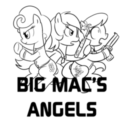 Size: 1000x1000 | Tagged: safe, artist:madmax, daisy, flower wishes, lily, lily valley, roseluck, earth pony, pony, g4, charlie's angels, female, flower trio, monochrome, parody, simple background, trio, trio female, white background