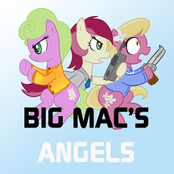 Size: 1000x1000 | Tagged: safe, artist:166, artist:madmax, daisy, flower wishes, lily, lily valley, roseluck, earth pony, pony, g4, blue background, charlie's angels, female, flower trio, gradient background, gun, parody, simple background, trio, trio female