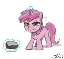 Size: 700x652 | Tagged: safe, artist:johnjoseco, ruby pinch, pony, unicorn, g4, dumb rock, female, filly, magic, rock, solo, sweat, telekinesis