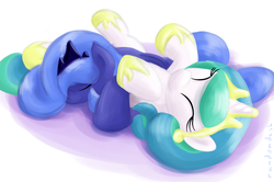 Size: 2000x1328 | Tagged: safe, artist:randomdash, princess celestia, princess luna, g4, cewestia, filly, sleeping, woona, younger