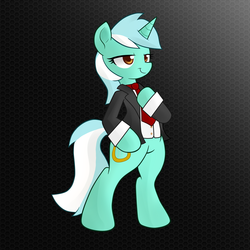 Size: 1500x1500 | Tagged: safe, artist:hidden-cat, lyra heartstrings, pony, unicorn, g4, abstract background, bipedal, clothes, colored pupils, female, lidded eyes, necktie, smiling, solo, suit