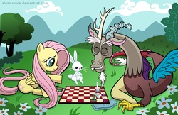 Size: 4962x3211 | Tagged: safe, artist:alexisroyce, angel bunny, discord, fluttershy, g4, checkers, chessboard, dice, dominoes, game, monopoly