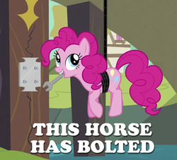 Size: 737x670 | Tagged: safe, screencap, pinkie pie, g4, it's about time, bolt (object), bridge, female, image macro, pun, repairing, ropes, solo, wrench