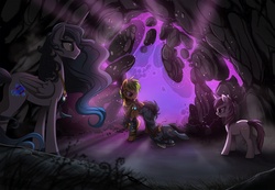 Size: 1229x850 | Tagged: dead source, safe, artist:ruhje, oc, oc only, oc:empress aurora, alicorn, earth pony, pony, unicorn, alicorn oc, blood, cave, earth pony oc, ethereal mane, fanfic, glowing, horn, injured, jewelry, magic, necklace, portal, unicorn oc, worried