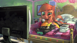 Size: 3500x1969 | Tagged: safe, artist:ruffu, oc, oc only, pony, bed, game, playstation, television, video game