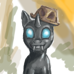 Size: 243x243 | Tagged: safe, artist:revanic, oc, oc only, changeling, happy, hat, solo, trilby