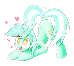 Size: 500x450 | Tagged: safe, artist:30clock, lyra heartstrings, pony, unicorn, g4, behaving like a dog, cute, face down ass up, female, happy, heart, heart eyes, looking up, lyrabetes, open mouth, pixiv, simple background, smiling, solo, tail wag, weapons-grade cute, white background, wingding eyes