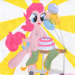 Size: 1204x1200 | Tagged: safe, artist:foxxy-arts, pinkie pie, g4, balloon, cake, cart, cute, emergency, female, solo