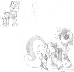 Size: 2466x2406 | Tagged: safe, artist:baroquedavid, sweetie belle, pony, robot, robot pony, unicorn, g4, black and white, female, grayscale, hooves, horn, monochrome, simple background, solo, sweetie bot, traditional art, white background