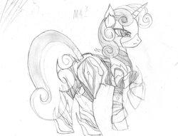 Size: 1021x782 | Tagged: safe, artist:baroquedavid, sweetie belle, pony, robot, robot pony, unicorn, g4, adult, black and white, butt, female, filly, foal, grayscale, hooves, horn, monochrome, older, plot, raised hoof, simple background, solo, sweetie bot, traditional art, white background
