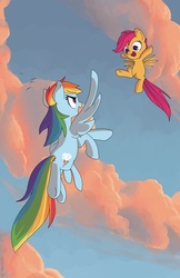 Size: 485x750 | Tagged: dead source, safe, artist:naroclie, rainbow dash, scootaloo, pegasus, pony, blank flank, cloud, cloudy, female, filly, flying, foal, happy, mare, open mouth, scootaloo can fly, sky, spread wings, wings