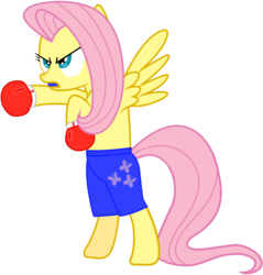 Size: 1299x1356 | Tagged: safe, artist:totallynotabronyfim, fluttershy, pony, g4, bipedal, boxing, boxing gloves, clothes, female, mouth guard, shorts, solo