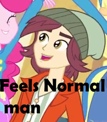 Size: 423x480 | Tagged: safe, edit, edited screencap, screencap, applejack, normal norman, pinkie pie, human, equestria girls, g4, my little pony equestria girls, background character, background human, beanie, button-up shirt, caption, clothes, cropped, english, feels good man, female, happy, hat, helping twilight win the crown, image macro, jacket, male, shirt, skirt, sweater, text, wondercolt tail, wondercolts uniform