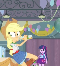 Size: 656x717 | Tagged: safe, screencap, applejack, spike, twilight sparkle, equestria girls, g4, my little pony equestria girls, cider, drinking