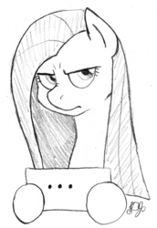 Size: 1030x1500 | Tagged: source needed, safe, artist:dj-black-n-white, pinkie pie, g4, ..., annoyed, female, grumpy, monochrome, pencil drawing, pinkamena diane pie, sign, sketch, solo, traditional art