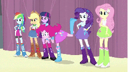 Size: 680x382 | Tagged: safe, screencap, applejack, fluttershy, pinkie pie, rainbow dash, rarity, twilight sparkle, equestria girls, g4, my little pony equestria girls, animated, boots, clothes, female, high heel boots, jewelry, jumping, skirt