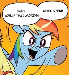 Size: 334x366 | Tagged: safe, idw, rainbow dash, g4, check em, dubs, exploitable meme, meme, one off, two words meme, you had one job anon