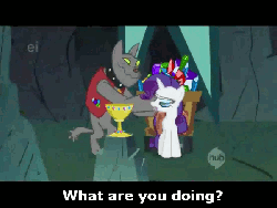 Size: 600x452 | Tagged: safe, screencap, rarity, diamond dog, a dog and pony show, g4, animated, cart, cave, chalice, duo, female, gem, harness, hub logo, male, party foul, subtitles