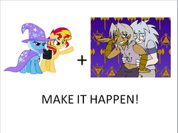 Size: 664x496 | Tagged: safe, sunset shimmer, trixie, pony, equestria girls, g4, exploitable meme, lady gaga, leather pants, make it happen, marik ishtar, meme, parody, ryo bakura, yu-gi-oh!, yugioh abridged