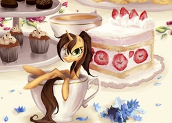 Size: 3313x2360 | Tagged: safe, artist:my-magic-dream, oc, oc only, pony, unicorn, cake, cupcake, flower, food, micro, pancakes, solo, teacup