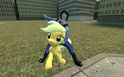 Size: 1680x1050 | Tagged: safe, artist:pinkie diane roosevelt phd, applejack, g4, 3d, barney calhoun, gmod, half-life, riding, security officer