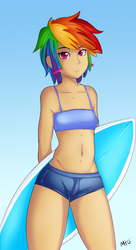 Size: 1041x1920 | Tagged: safe, artist:leslers, artist:miketheuser, rainbow dash, human, g4, belly button, breasts, colored, cute, dashabetes, delicious flat chest, female, humanized, rainbow flat, solo, surfboard