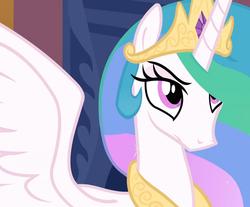 Size: 1279x1057 | Tagged: safe, princess celestia, alicorn, pony, g4, crown, female, frown, jewelry, mare, peytral, raised eyebrow, regalia, solo, spread wings, wings