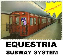 Size: 763x678 | Tagged: safe, twilight sparkle, g4, canterlot, equestria, metro, ponies in real life, postcard, subway, subway trains, text, toronto, train, underground