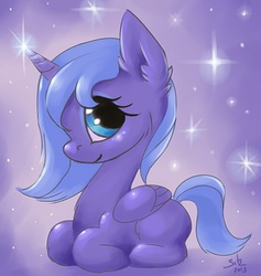 Size: 539x569 | Tagged: safe, artist:scheadar, princess luna, pony, g4, female, filly, prone, solo, sparkles, stars, woona