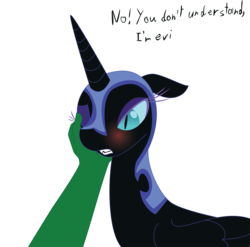 Size: 2020x1995 | Tagged: safe, artist:zev, nightmare moon, oc, oc:anon, human, g4, bedroom eyes, blushing, colored, cute, floppy ears, gritted teeth, hand, hnnng, petting, simple background, transparent background, tsundere, tsundere moon, wink