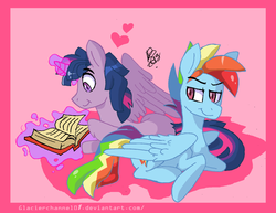 Size: 1024x790 | Tagged: safe, artist:glacierchannel01, rainbow dash, twilight sparkle, alicorn, pony, g4, dusk shine, gay, heart, magic, male, prince dusk, rainbow blitz, reading, rule 63, ship:duskblitz, ship:twidash, shipping, twilight sparkle (alicorn)