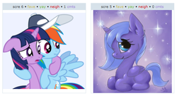 Size: 583x316 | Tagged: safe, princess luna, rainbow dash, twilight sparkle, pony, g4, exploitable meme, juxtaposition, juxtaposition win, woona