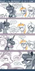 Size: 500x1007 | Tagged: safe, artist:johnjoseco, derpy hooves, princess celestia, princess luna, oc, oc:belle eve, alicorn, pony, ask princess molestia, gamer luna, princess molestia, g4, belle eve, blushing, butt, comic, e3, plot, ponified, xbox one