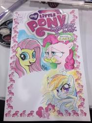 Size: 768x1024 | Tagged: safe, artist:andy price, artist:sara richard, artist:thom zahler, official comic, fluttershy, pinkie pie, rainbow dash, earth pony, pegasus, pony, friendship is magic #2, g4, comic cover, cover, cover art, female, irl, mare, photo, traditional art, variant cover