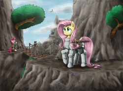 Size: 3868x2873 | Tagged: safe, artist:otakuap, fluttershy, pinkie pie, bird, g4, armor, bridge, clothes, saddle bag, sword