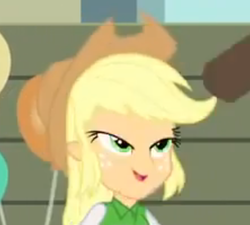 Size: 444x399 | Tagged: safe, screencap, applejack, equestria girls, g4, my little pony equestria girls, cropped, female, lidded eyes, out of context, solo