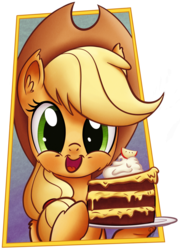 Size: 2141x2973 | Tagged: safe, artist:pirill, applejack, earth pony, pony, g4, cake, cream, cute, female, fluffy, hoof hold, jackabetes, looking at you, open mouth, smiling, solo