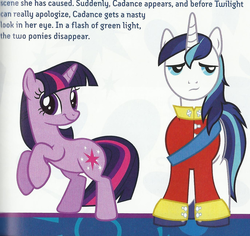 Size: 1373x1295 | Tagged: safe, shining armor, twilight sparkle, g4, elements of harmony, guidebook, special face