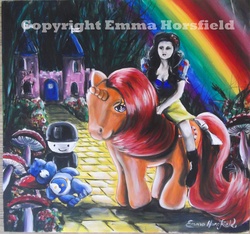 Size: 2697x2520 | Tagged: safe, artist:emmahorsfield, gypsy (g1), human, g1, care bears, crossover, dream castle, fred the flour grader, rainbow, riding, snow white, the wizard of oz, toadstool, traditional art, yellow brick road