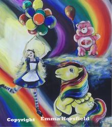 Size: 2876x3277 | Tagged: safe, artist:emmahorsfield, skydancer, human, g1, alice in wonderland, balloon, care bears, cloud, cloudy, crossover, rainbow, traditional art