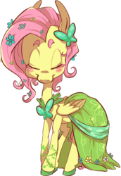Size: 561x816 | Tagged: safe, artist:tweissie, fluttershy, g4, clothes, dress, female, gala dress, simple background, solo, thick eyebrows, transparent background