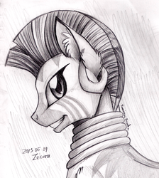 Size: 900x1006 | Tagged: safe, artist:inuhoshi-to-darkpen, zecora, zebra, g4, female, monochrome, solo, text, traditional art